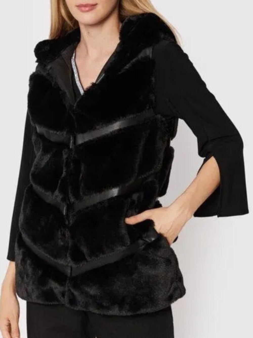 Joseph Ribkoff Faux Fur Hooded Vest Black Chevron M